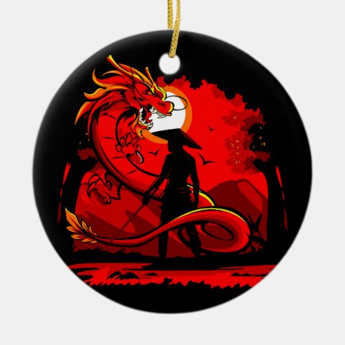 Black Samurai Red Dragon Japanese Style Artwork  Ceramic Ornament