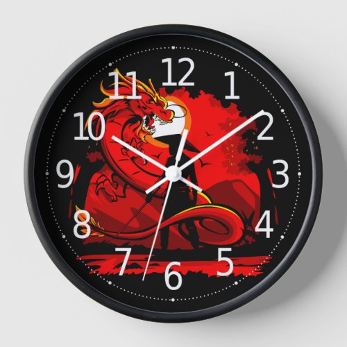 Black Samurai Red Dragon Japanese Style Artwork  Clock