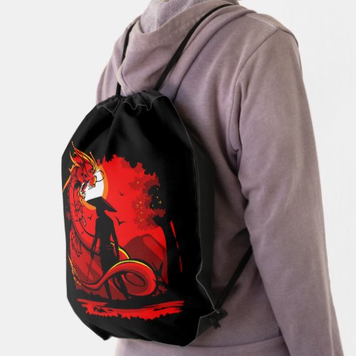 Black Samurai Red Dragon Japanese Style Artwork  Drawstring Bag