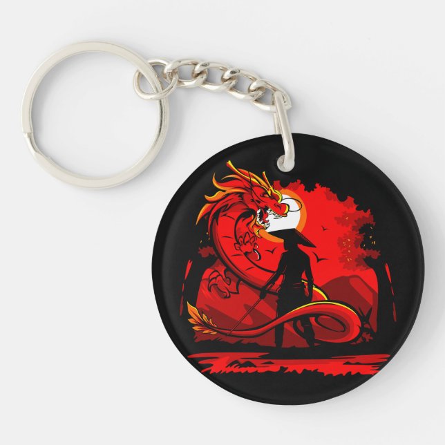 Black Samurai Red Dragon Japanese Style Artwork | Keychain (Front)