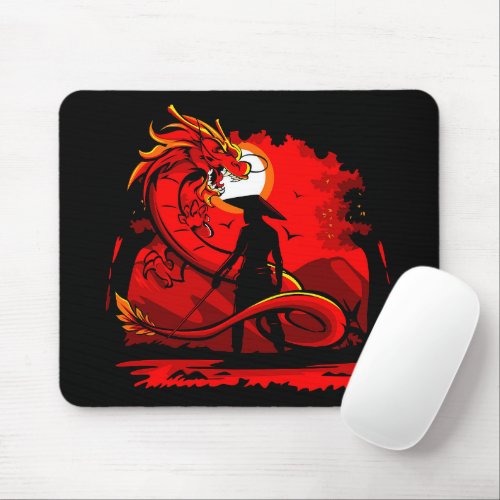 Black Samurai Red Dragon Japanese Style Artwork  Mouse Pad