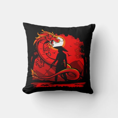 Black Samurai Red Dragon Japanese Style Artwork  Throw Pillow