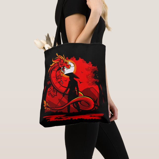 Black Samurai Red Dragon Japanese Style Artwork | Tote Bag (Close Up)