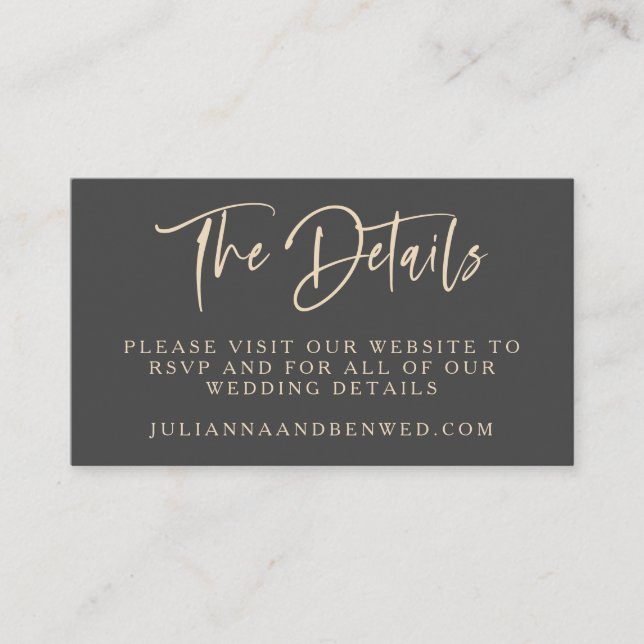 Black Sand Modern Script Lettering Wedding Website Enclosure Card (Front)