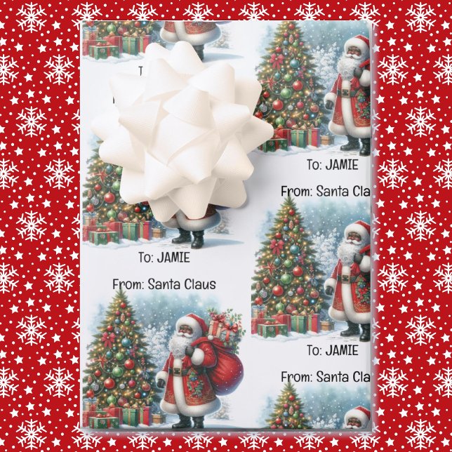Black Santa Add Child's Name Cute Christmas 3 Wrapping Paper Sheets (Creator Uploaded)