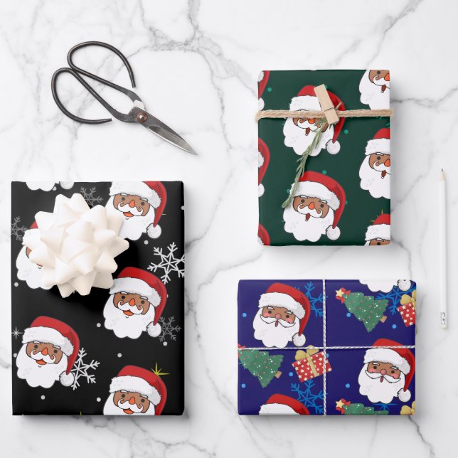 black Santa and Christmas Tree gift Wrapping Paper Sheets (Front)