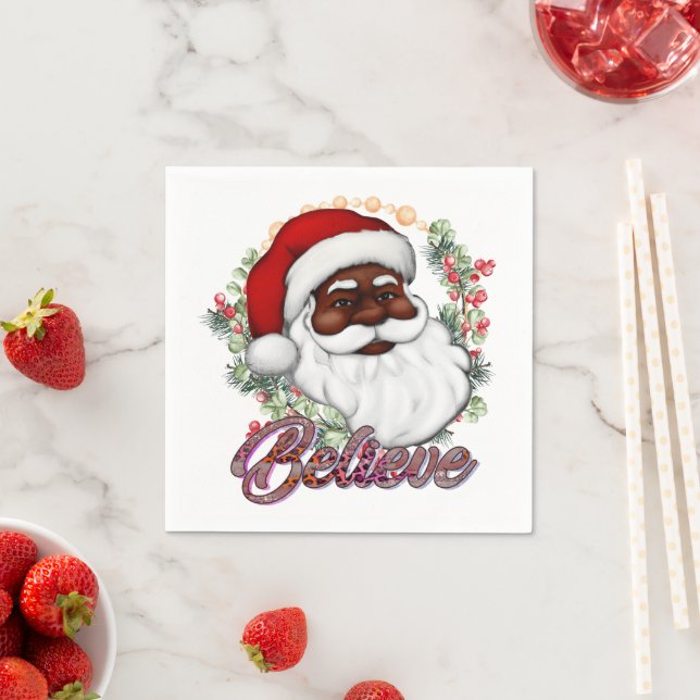 Black Santa Believe Melanin Man Christmas Cheer Napkins (Insitu)