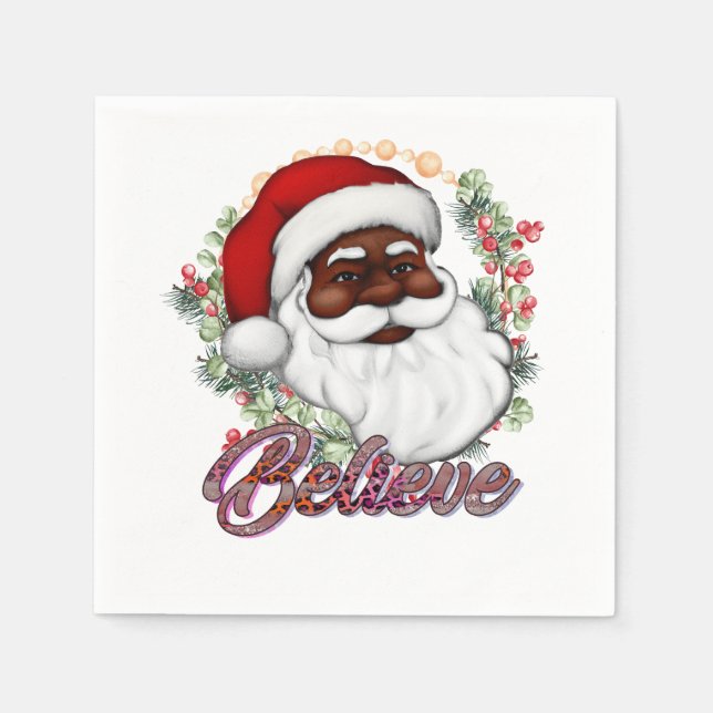 Black Santa Believe Melanin Man Christmas Cheer Napkins (Front)