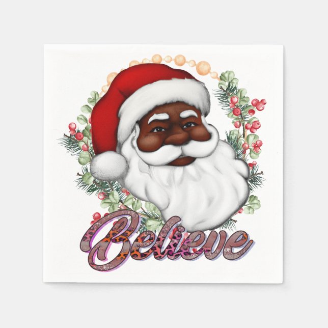 Black Santa Believe Melanin Man Christmas Cheer Napkins (Front)