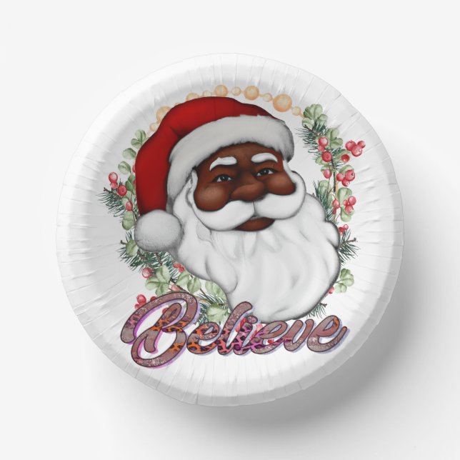 Black Santa Believe Melanin Man Christmas Cheer Paper Bowls (Front)