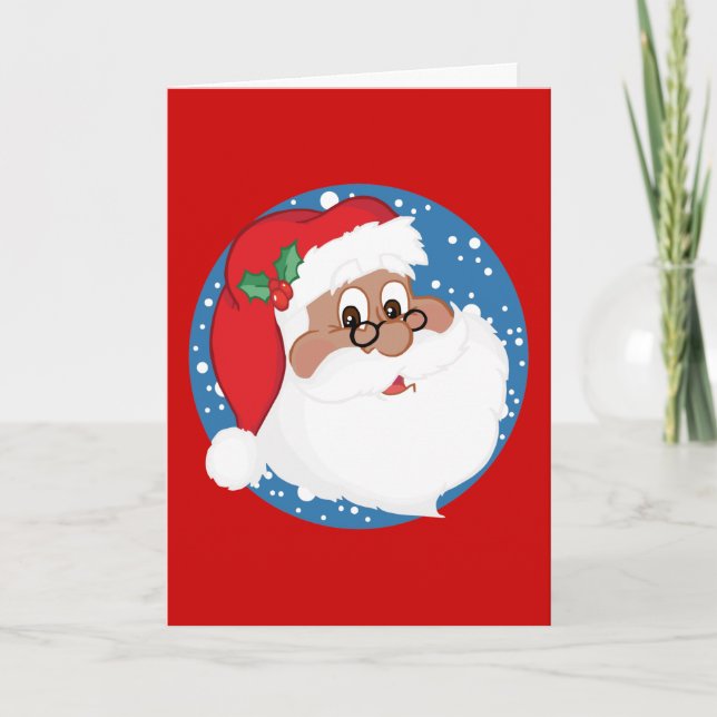 Black Santa Cartoon (Blue) Holiday Card (Front)