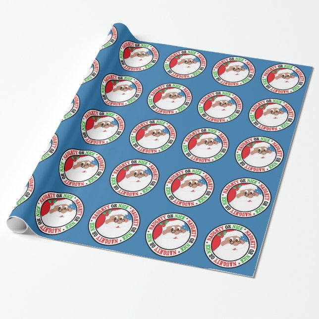 Black Santa Cartoon (Blue) Wrapping Paper (Unrolled)
