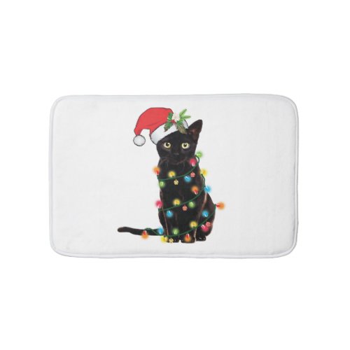 Black Santa Cat Tangled Up In Lights Christmas Bath Mat