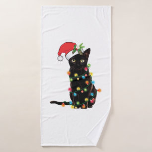 Black Santa Cat Tangled Up In Lights Christmas Bath Towel