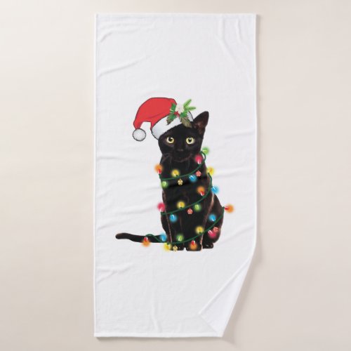 Black Santa Cat Tangled Up In Lights Christmas Bath Towel