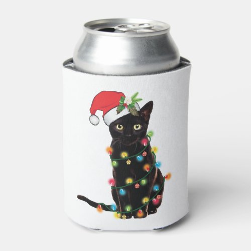 Black Santa Cat Tangled Up In Lights Christmas Can Cooler