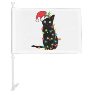 Black Santa Cat Tangled Up In Lights Christmas Car Flag