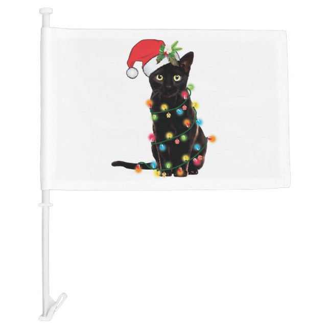 Black Santa Cat Tangled Up In Lights Christmas Car Flag (Front)