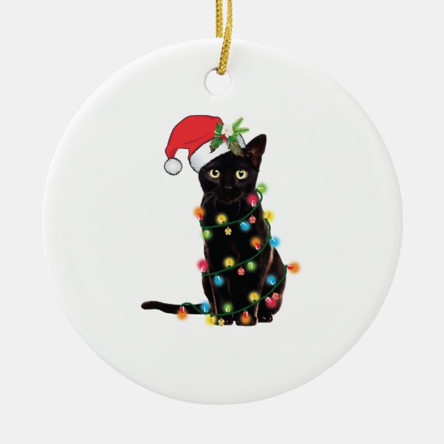 Black Santa Cat Tangled Up In Lights Christmas Ceramic Ornament (Front)