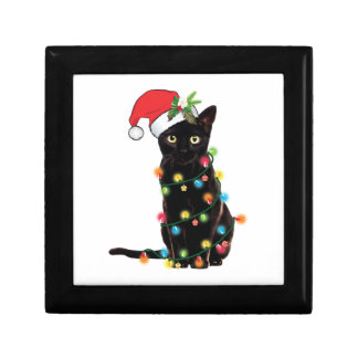 Black Santa Cat Tangled Up In Lights Christmas Gift Box