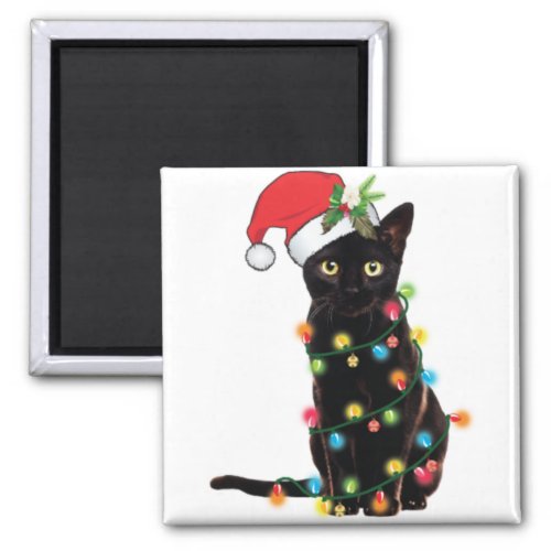 Black Santa Cat Tangled Up In Lights Christmas Magnet