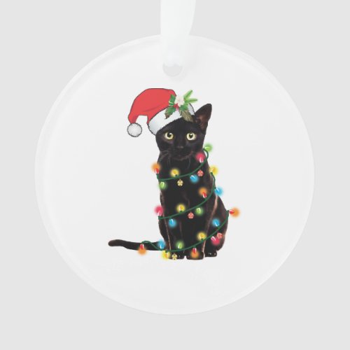 Black Santa Cat Tangled Up In Lights Christmas Ornament