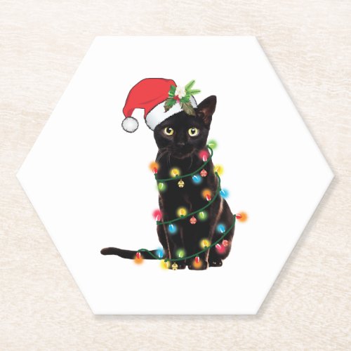 Black Santa Cat Tangled Up In Lights Christmas Paper Coaster