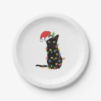 Black Santa Cat Tangled Up In Lights Christmas Paper Plates
