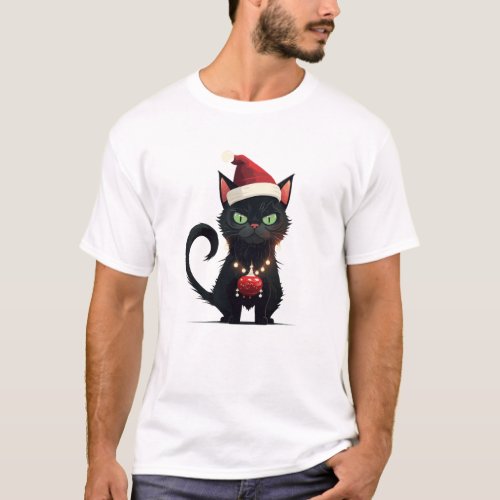 Black Santa Cat Tangled Up In Lights Christmas San T_Shirt