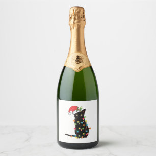 Black Santa Cat Tangled Up In Lights Christmas Sparkling Wine Label