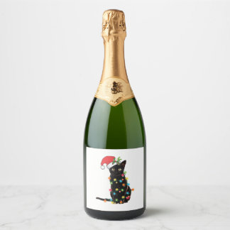 Black Santa Cat Tangled Up In Lights Christmas Sparkling Wine Label