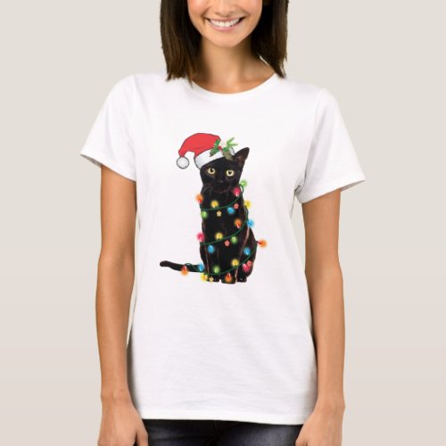 Black Santa Cat Tangled Up In Lights Christmas T_Shirt
