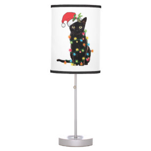 Black Santa Cat Tangled Up In Lights Christmas Table Lamp