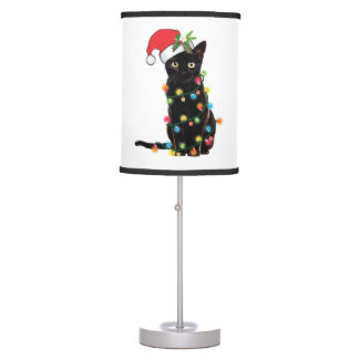 Black Santa Cat Tangled Up In Lights Christmas Table Lamp