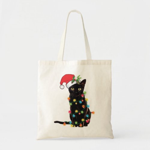 Black Santa Cat Tangled Up In Lights Christmas Tote Bag