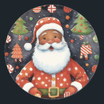 Black Santa Christmas - African American Santa Classic Round Sticker<br><div class="desc">This image shows an illustration of a joyful Black Santa Claus wearing a red suit with a white beard. The colors in the painting are primarily red, and green with dark shades of brown and grey, and accents of white snow. The overall theme of the image is Christmas, as indicated...</div>