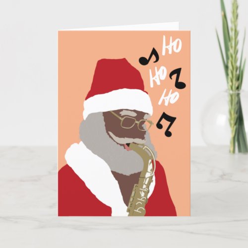Black Santa Christmas Card_ Santa Playing Sax Card