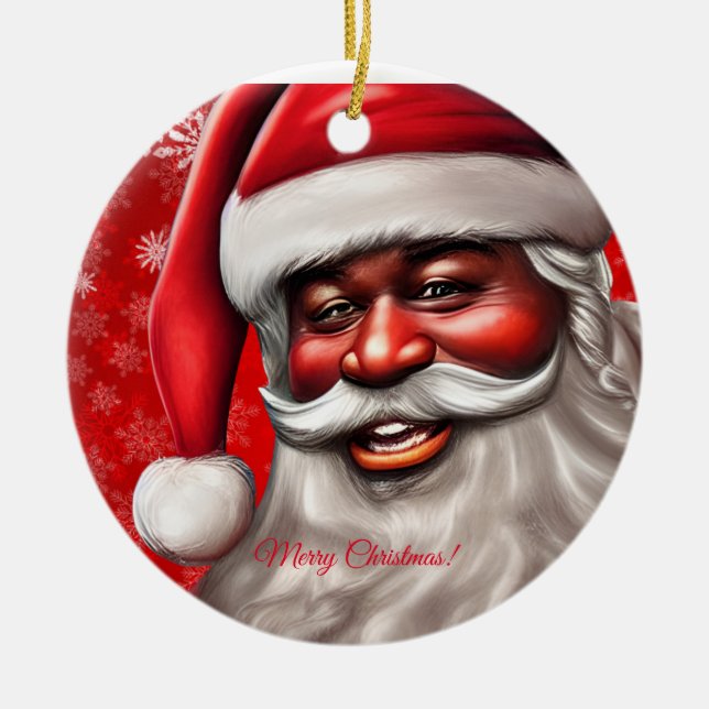 Black Santa Claus, African American,Christmas, Man Ceramic Ornament (Front)