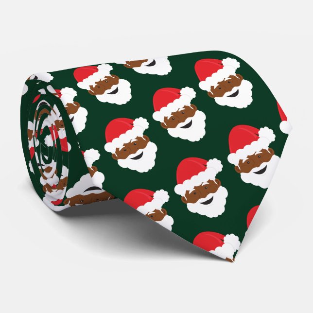 Black Santa Claus Brown Skin Green Christmas Neck Tie (Rolled)
