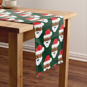 Black Santa Claus Brown Skin Green Christmas Short Table Runner