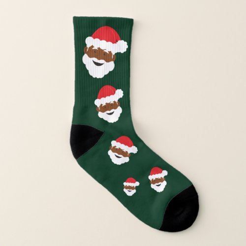 Black Santa Claus Brown Skin Green Christmas Socks