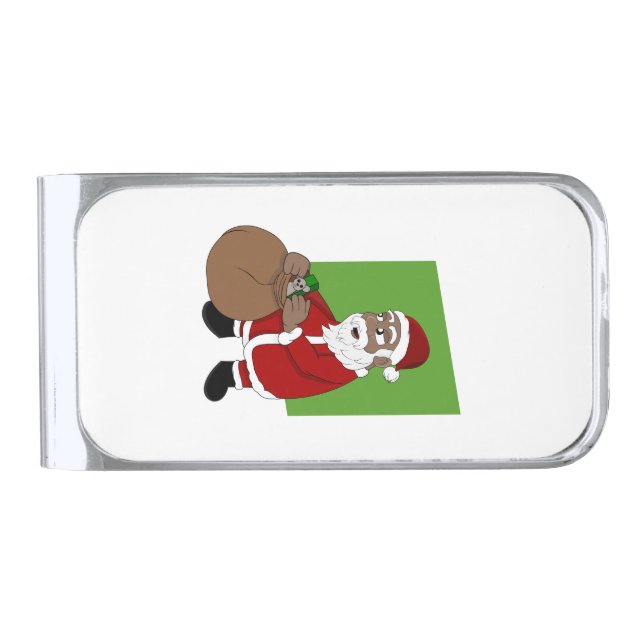 Black Santa Claus Cartoon Silver Finish Money Clip (Front)