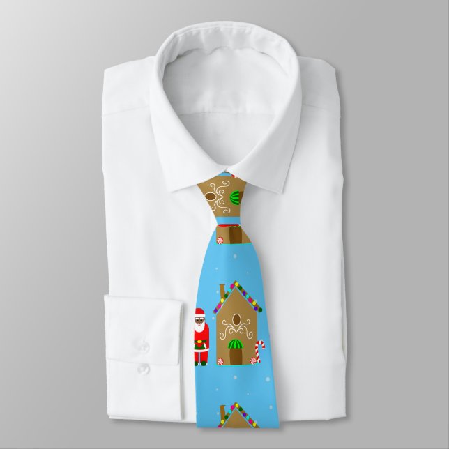 black santa claus christmas gingerbread house neck tie (Tied)