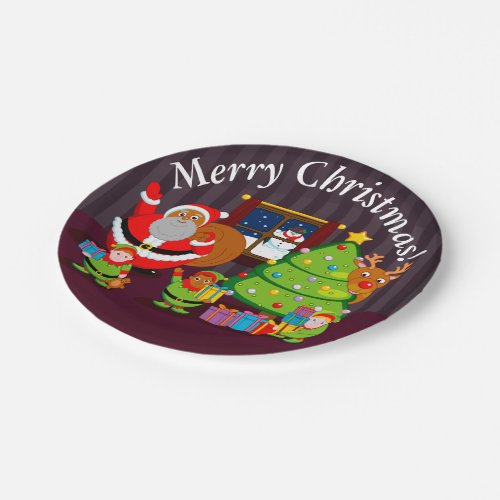 Black Santa Claus delivering Christmas gifts Paper Plates