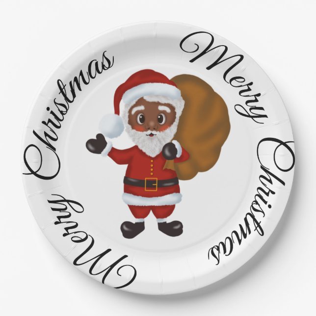 Black Santa Claus Merry Christmas Paper Plate (Front)