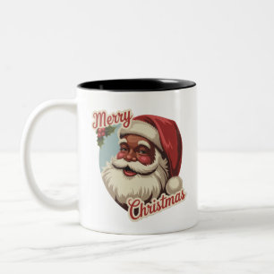 Black Santa Claus Retro Christmas Vintage Holiday  Two-Tone Coffee Mug