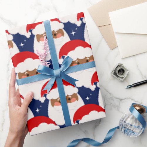 Black Santa Claus Sparkle Aesthetic Christmas Blue Wrapping Paper