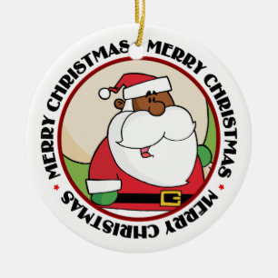 Black Santa Claus with Toy Sack Ceramic Ornament