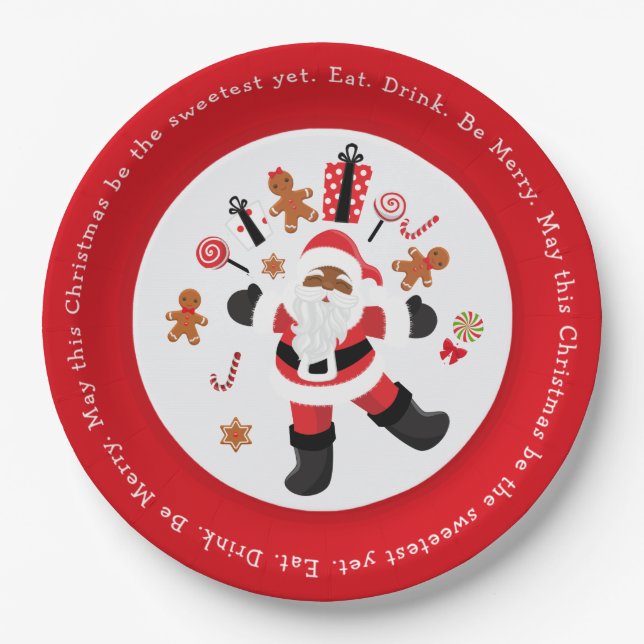 Black Santa Eat. Drink. Be Merry. Paper Plates (Front)