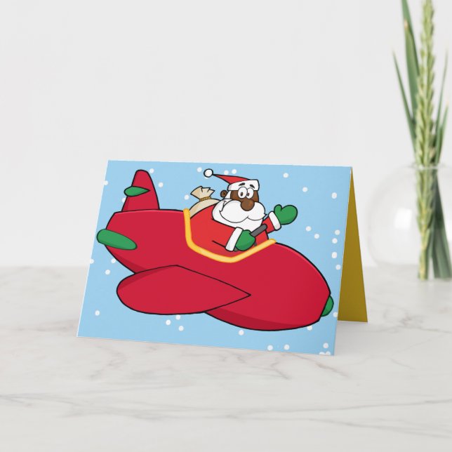Black Santa flying in airplane Holiday Card (Front)